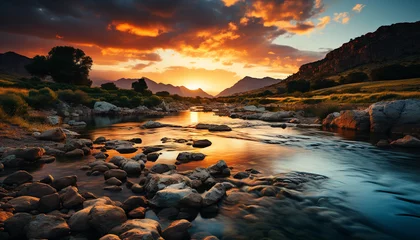 Selbstklebende Fototapeten Tranquil scene, sunset over mountain, reflecting on water generated by AI © Jemastock