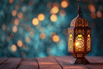 Ramadan kareem eid mubarak old fashioned moroccan lamp background, on wooden table.