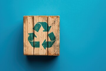 Square block of wood with recycling symbol, concept of environmental preservation and Earth Day.