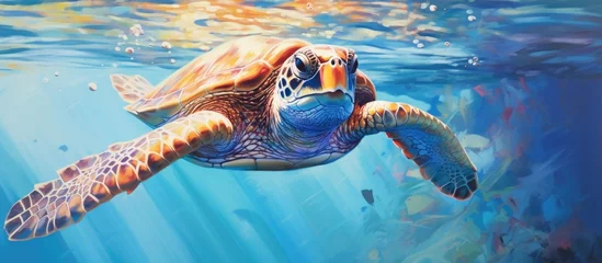 Foto op Plexiglas Bitten sea turtle swims in blue water, missing flippers. © TheWaterMeloonProjec