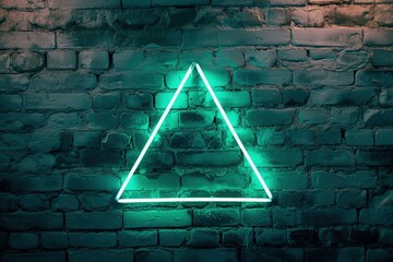 Green neon light triangle on block wall, conceptual illustration.