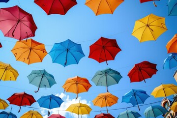 Landscape with several colorful umbrellas in the sky.