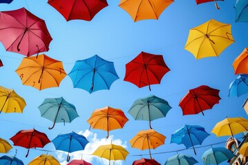 Fototapeta na wymiar Landscape with several colorful umbrellas in the sky.