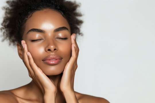 Beauty Skincare. Serene young african american woman with eyes closed gently touching her face on a neutral background.