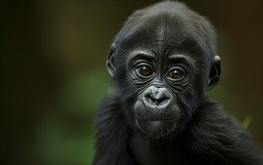 Baby gorilla face close up. Generative AI - obrazy, fototapety, plakaty
