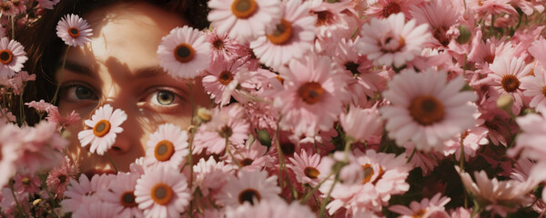 Dreamy close-up of woman's eyes surrounded by blooming flowers in spring