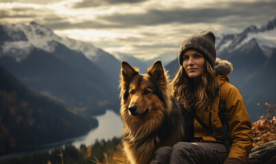 Cinematic image of a hiker girl with german shepherd dog at the top of the mountain with rocks, autumn trees and lake. Long shot of a beautiful scene in autumn from the top. - obrazy, fototapety, plakaty