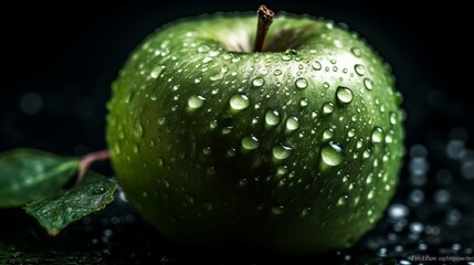 close up of a green apple with drops