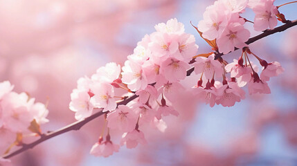 Obraz premium Close up of a beautiful cherry blossom branch with pink flowers, japanese sakura tree, spring equinox blurred nature background