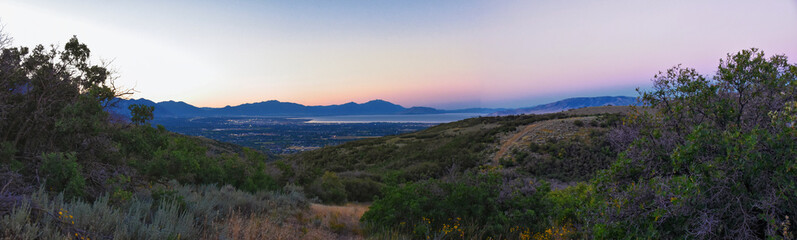 Lone Peak and surrounding landscape view, Jacob&rsquo;s Ladder hiking trail, Lone Peak Wilderness, Wasatch Rocky Mountains, Utah, USA. 2023