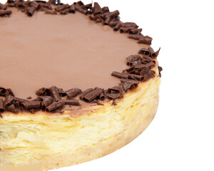 Tasty chocolate cheesecake on white background