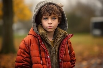 Portrait of a cute little boy in autumn park looking at camera