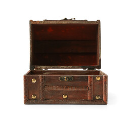Empty old wooden chest isolated on white background