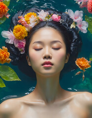 A young Asian woman relaxing and floating in water while surrounded by colorful spring flowers.  Concept of serenity, inner peace, meditation, florals and spring.