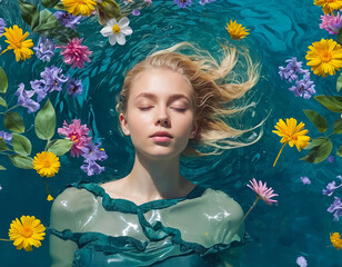 A young blond woman floating and relaxing in water surrounded by colorful spring flowers. Concept of serenity, inner peace, meditation, florals and spring.