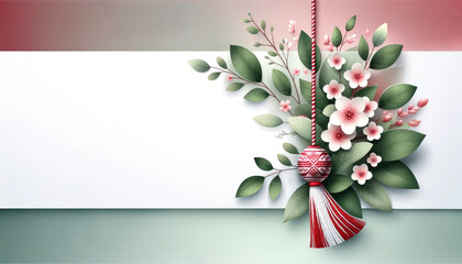 Beautiful banner featuring Martenitsa, the traditional Romanian symbol of spring, with delicate flowers and leaves against a tricolor background with copy space. Greeting card for Martisor. Mock up.