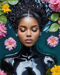 A young black woman relaxing, floating with her eyes closed in water surrounded by spring flowers. Concept of relaxation, serenity, peace and the arrival of spring.