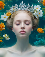 A young blond woman wearing a crown floating in water, surrounded by flowers.  A princess with blond hair relaxing in a pond. Concept of peace, relaxation, serenity, and spring.