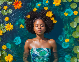 A young black woman in a floral dress, floating in water surrounded by flowers.  Concept of peace, relaxation, and Spring. 
