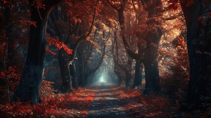 A magical fantasy forest where tall trees cast deep shadows