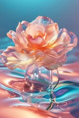 a pink flower floating on a blue background, in the style of fluid