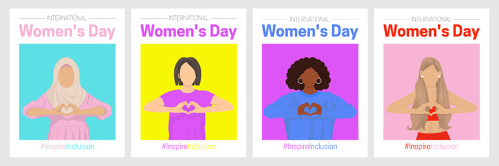 International Women's Day posters. #InspireInclusion 2024 campaign. Women with heart-shaped hands. Faceless cartoon vector illustrations for flyers, banners, social media.