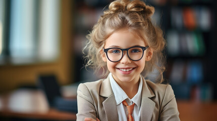small beautiful girl in a school uniform against the background of a classroom, education, learning, child, kid, schoolgirl, student, pupil, smart person, portrait, face, knowledge, children, smiling - obrazy, fototapety, plakaty