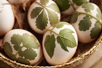 Easter eggs with fresh leaves attached to them with old stockings, ready to be dyed with onion peels