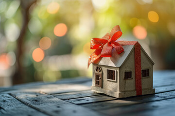 Housing as a gift concept. Win an apartment in the lottery. To inherit property. Buying an apartment at a low price. Present. House with red gift ribbon on green background