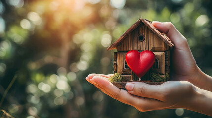 Home sweet home concept. Dream housing. Real estate. Hands holding miniature house with a red heart outdoors on a sunny summer day - Powered by Adobe