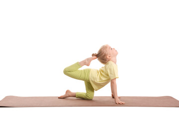 Cute little girl practicing yoga on mat against white background