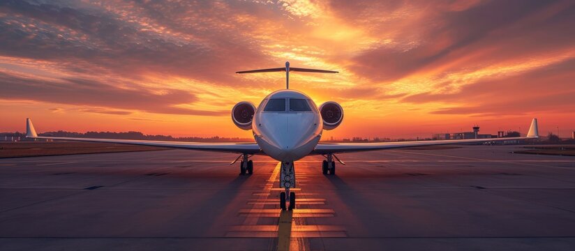 Jet parked on runway at sunset with sunny view from back.
