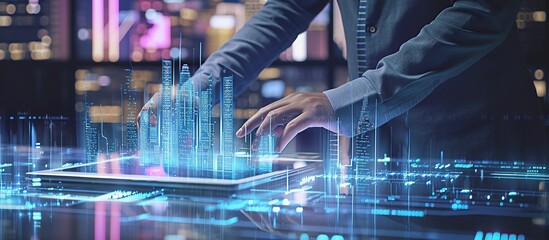 close up of hand designing building using digital tablet, modern building hologram, building technology concept