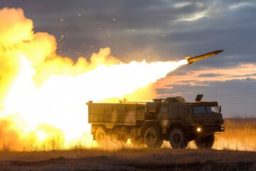 Fototapeta premium Fictional large military truck firing a rocket.
