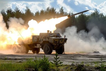 Fictional large military truck firing a rocket.