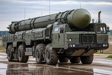 Naklejka premium Fictional large military truck with a missile on it.
