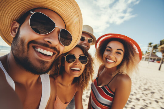 photo of a group of smiling young friends taking a selfie inside on the beach as a vacation souvenir with copy space. Image created by AI