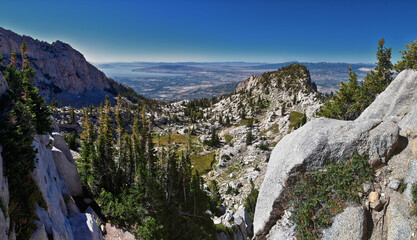 Lone Peak and surrounding landscape view, Jacob’s Ladder hiking trail, Lone Peak Wilderness, Wasatch Rocky Mountains, Utah, USA. 2023