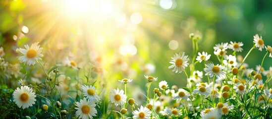 The blooming flowers are beautiful, surrounded by green nature and shining sun. - obrazy, fototapety, plakaty