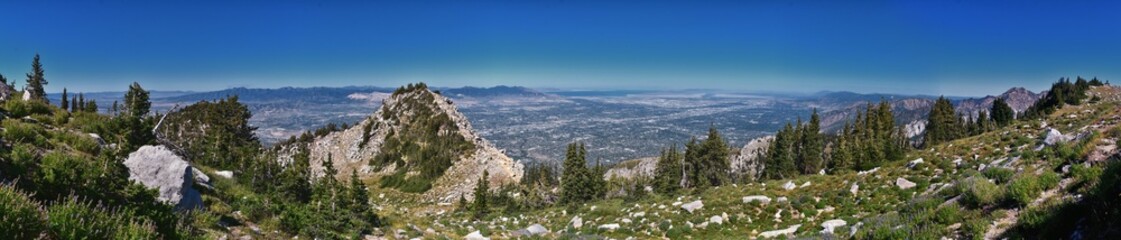 Lone Peak and surrounding landscape view, Jacob’s Ladder hiking trail, Lone Peak Wilderness, Wasatch Rocky Mountains, Utah, USA. 2023