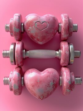 Heart shape dumbbell. Cute valentines day sport equipment. Pink red colors. Isolated background. Fitness love concept