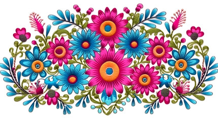 Fototapeta na wymiar Vibrant Embroidery Fiesta - Colorful Floral Arrangement. This exquisite embroidery showcases a vibrant fiesta of flowers, ideal for adding a splash of color to interiors, fashion, and creative project
