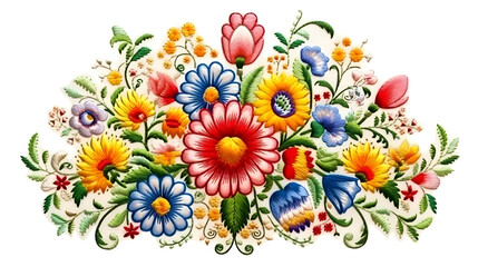 Fototapeta na wymiar Bouquet of Bloom - Vibrant Embroidered Flowers. A lush arrangement of embroidered flowers, full of color and life, ideal for crafting inspiration, textile design, and bringing a touch of spring into 