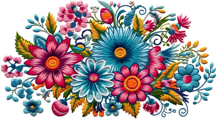 Fototapeta na wymiar Vibrant Embroidery Fiesta - Colorful Floral Arrangement. This exquisite embroidery showcases a vibrant fiesta of flowers, ideal for adding a splash of color to interiors, fashion, and creative project