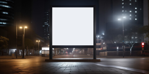 Projection screen on stage 3d illustration Copy space of white billboard with traffic bokeh light road abstract background Outdoor billboard illustration. Subway billboard mockup. - obrazy, fototapety, plakaty