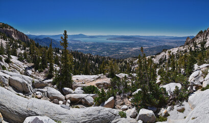 Fototapeta na wymiar Lone Peak and surrounding landscape view, Jacob’s Ladder hiking trail, Lone Peak Wilderness, Wasatch Rocky Mountains, Utah, USA. 2023