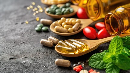 Assorted supplements and vitamins on a dark surface