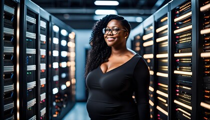 A woman working in a server room. 