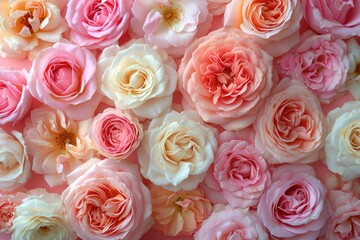 Top view of a monochromatic rose pattern, shades of soft pink, elegant and delicate arrangement