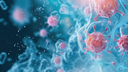 3D render of cells with a blue, bubbly backdrop